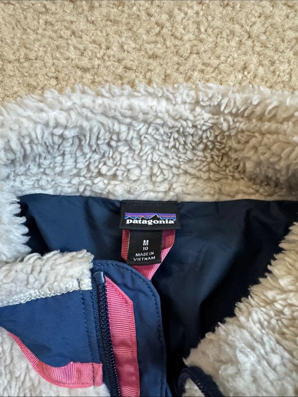 Patagonia Kids Cream Sherpa Jacket with Navy & Pink Trim
